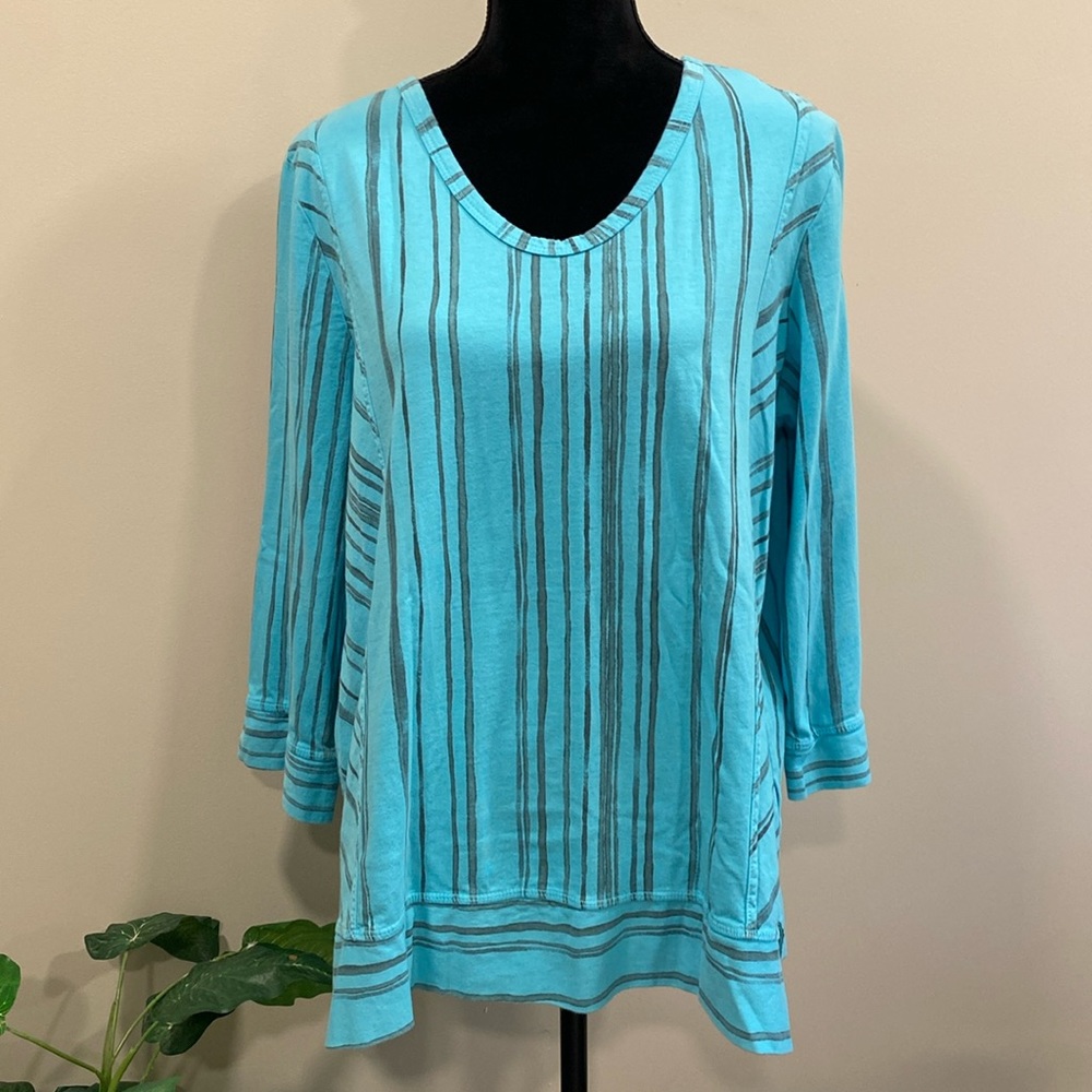 Prairie Cotton Robin Egg Blue A-line Tunic with Gray Stripes